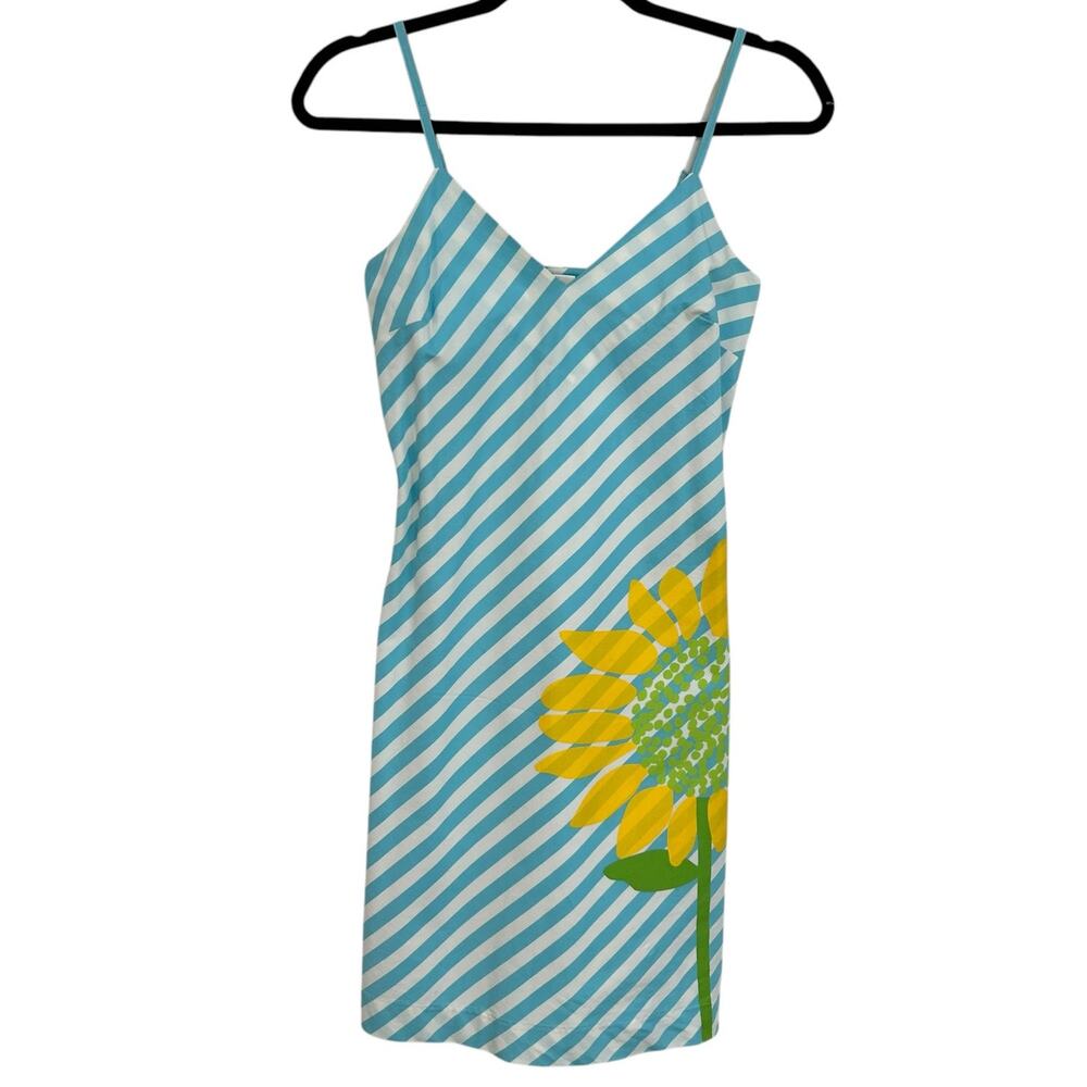 Vintage Lilly Pulitzer Blue White Striped Sunflower Sheath Dress Womens 0
